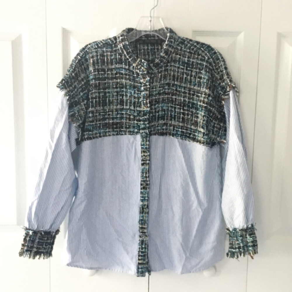 Women's zara blue tweed button down shirt